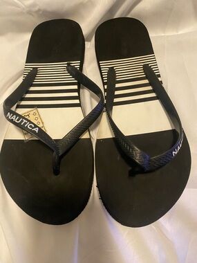 Nautica Black and White Striped Thong Sandals
